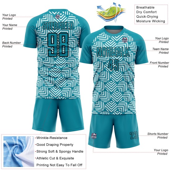 Custom Sublimation Teal Geometric Abstract Shapes Black Jersey Uniform Soccer Custom Sublimation Teal Geometric Abstract Shapes Black Jersey Uniform Soccer