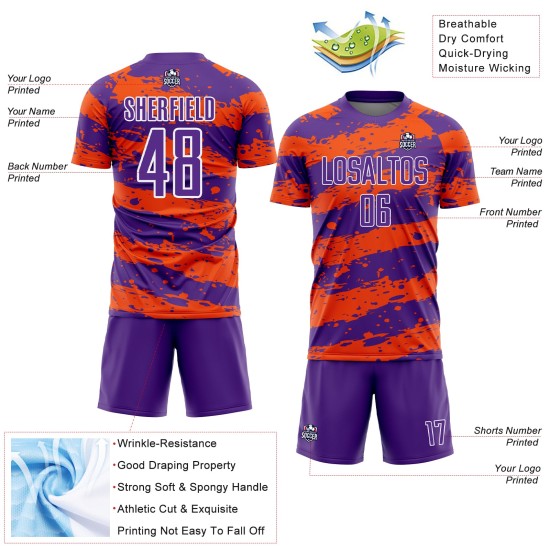 Custom Soccer Sublimation Orange-White Jersey Purple Uniform Splash Custom Soccer Sublimation Orange-White Jersey Purple Uniform Splash