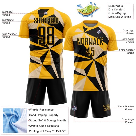 Uniform Custom Geometric Pattern Sublimation Jersey Gold Black Soccer Uniform Custom Geometric Pattern Sublimation Jersey Gold Black Soccer