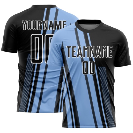Light Custom Uniform Blue Jersey Lines Black-White Soccer Sublimation Light Custom Uniform Blue Jersey Lines Black-White Soccer Sublimation