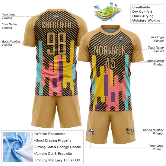 Soccer Custom Lines Black Sublimation Old Jersey Gold Uniform Soccer Custom Lines Black Sublimation Old Jersey Gold Uniform