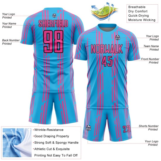 Pinstripe Pink-Black Custom Sky Sublimation Blue Jersey Soccer Uniform Pinstripe Pink-Black Custom Sky Sublimation Blue Jersey Soccer Uniform