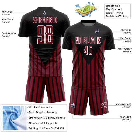 Uniform Custom Black Crimson-White Soccer Jersey Lines Sublimation Uniform Custom Black Crimson-White Soccer Jersey Lines Sublimation