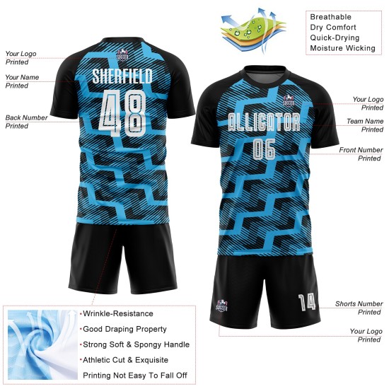 White-Sky Jersey Black Sublimation Custom Line Uniform Blue Soccer White-Sky Jersey Black Sublimation Custom Line Uniform Blue Soccer
