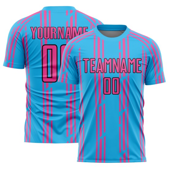Pinstripe Pink-Black Custom Sky Sublimation Blue Jersey Soccer Uniform Pinstripe Pink-Black Custom Sky Sublimation Blue Jersey Soccer Uniform