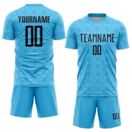 Custom Soccer Black Blue Shapes Geometric Jersey Sublimation Sky Uniform Custom Soccer Black Blue Shapes Geometric Jersey Sublimation Sky Uniform