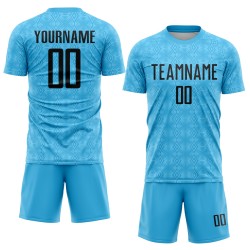 Custom Soccer Black Blue Shapes Geometric Jersey Sublimation Sky Uniform Custom Soccer Black Blue Shapes Geometric Jersey Sublimation Sky Uniform
