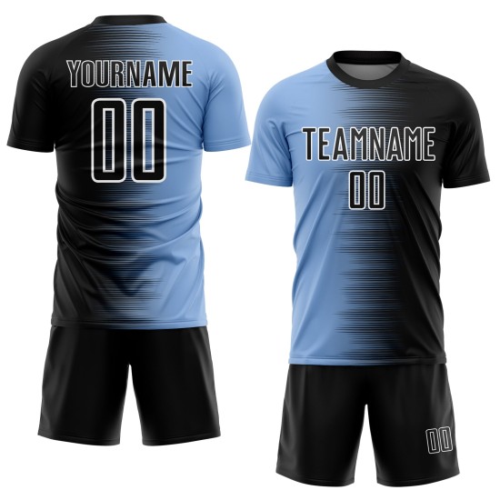 Uniform Soccer Jersey Custom Sublimation Black Blue-White Line Light Gradient Uniform Soccer Jersey Custom Sublimation Black Blue-White Line Light Gradient