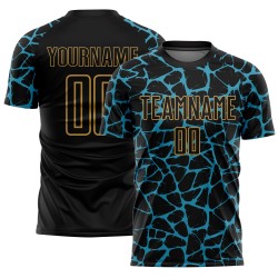 Jersey Blue-Old Gold Abstract Custom Soccer Black Network Uniform Splash Sublimation Panther