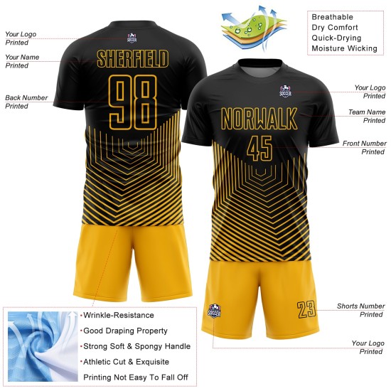 Gold Uniform Custom Jersey Geometric Lines Sublimation Soccer Black Gold Uniform Custom Jersey Geometric Lines Sublimation Soccer Black