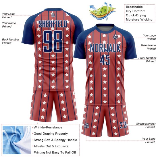 Uniform Royal-White Custom Stars And Red Soccer Sublimation Jersey Stripes Uniform Royal-White Custom Stars And Red Soccer Sublimation Jersey Stripes