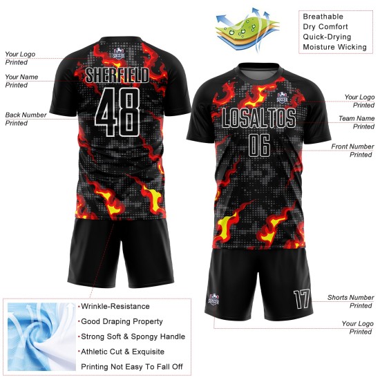 Jersey Soccer Uniform Black Gray Flame Red-Gold Custom Sublimation Jersey Soccer Uniform Black Gray Flame Red-Gold Custom Sublimation