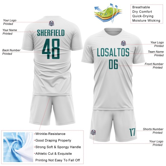Teal Jersey Sublimation Soccer Custom Uniform White Teal Jersey Sublimation Soccer Custom Uniform White