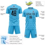 Custom Soccer Black Blue Shapes Geometric Jersey Sublimation Sky Uniform Custom Soccer Black Blue Shapes Geometric Jersey Sublimation Sky Uniform