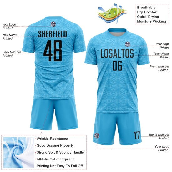 Custom Soccer Black Blue Shapes Geometric Jersey Sublimation Sky Uniform Custom Soccer Black Blue Shapes Geometric Jersey Sublimation Sky Uniform
