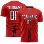 Custom Soccer Jersey Shapes Arrow Sublimation Red Uniform White-Black Custom Soccer Jersey Shapes Arrow Sublimation Red Uniform White-Black