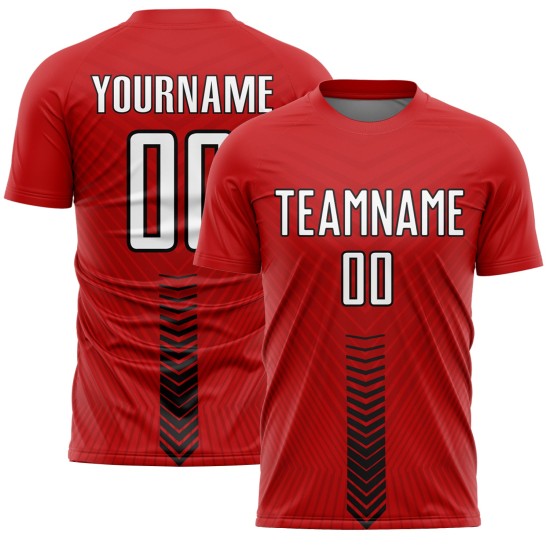 Custom Soccer Jersey Shapes Arrow Sublimation Red Uniform White-Black Custom Soccer Jersey Shapes Arrow Sublimation Red Uniform White-Black