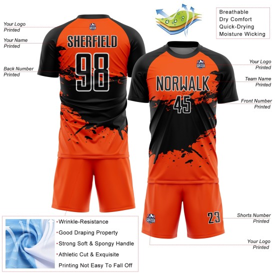 Sublimation Jersey Soccer Uniform Custom Orange Splash Black-White Sublimation Jersey Soccer Uniform Custom Orange Splash Black-White