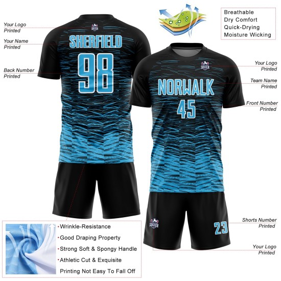 Soccer Custom Jersey Line Black Sublimation Uniform Blue-White Sky Soccer Custom Jersey Line Black Sublimation Uniform Blue-White Sky