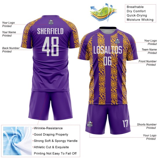 Shape Sublimation Jersey Custom Abstract Uniform Soccer White-Gold Purple Shape Sublimation Jersey Custom Abstract Uniform Soccer White-Gold Purple