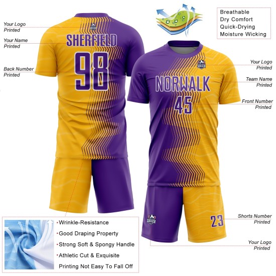 Jersey Gold Sublimation Custom Purple-White Gradient Uniform Soccer Arrow Jersey Gold Sublimation Custom Purple-White Gradient Uniform Soccer Arrow