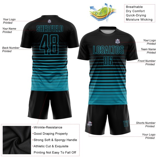Sublimation Custom Soccer Fashion Uniform Teal Fade Pinstripe Jersey Black Sublimation Custom Soccer Fashion Uniform Teal Fade Pinstripe Jersey Black