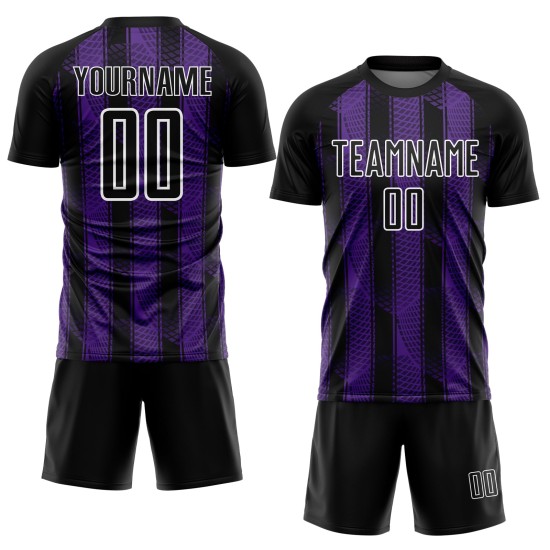 Soccer Black Jersey Uniform Purple-White Custom Abstract Network Sublimation Soccer Black Jersey Uniform Purple-White Custom Abstract Network Sublimation