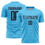 Custom Soccer Black Blue Shapes Geometric Jersey Sublimation Sky Uniform Custom Soccer Black Blue Shapes Geometric Jersey Sublimation Sky Uniform