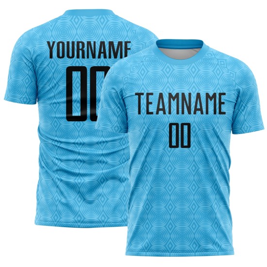 Custom Soccer Black Blue Shapes Geometric Jersey Sublimation Sky Uniform Custom Soccer Black Blue Shapes Geometric Jersey Sublimation Sky Uniform