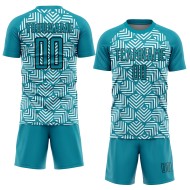 Custom Sublimation Teal Geometric Abstract Shapes Black Jersey Uniform Soccer Custom Sublimation Teal Geometric Abstract Shapes Black Jersey Uniform Soccer