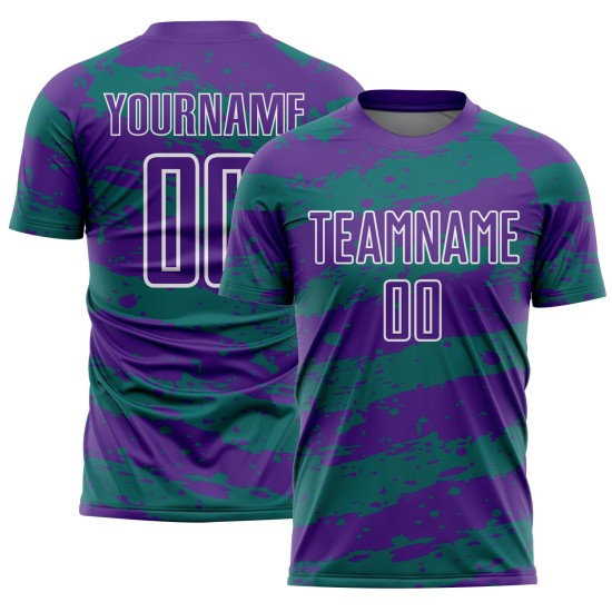 Uniform Soccer Jersey Splash Teal-White Custom Purple Sublimation Uniform Soccer Jersey Splash Teal-White Custom Purple Sublimation