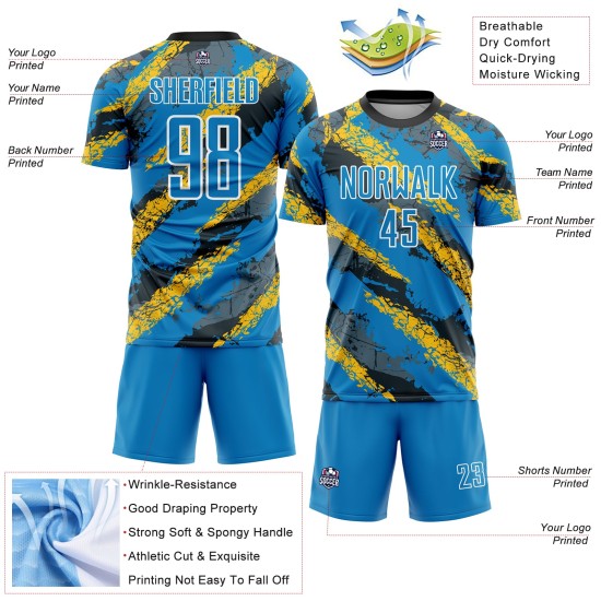 Sublimation Powder Blue Soccer Uniform Yellow-White Custom Jersey Sublimation Powder Blue Soccer Uniform Yellow-White Custom Jersey