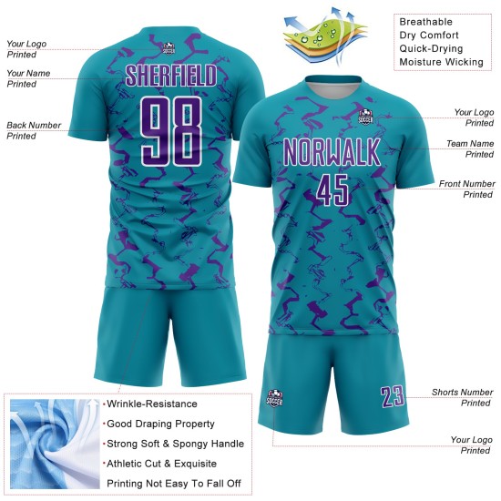 Jersey Purple-White Lines Sublimation Uniform Teal Custom Abstract Soccer Jersey Purple-White Lines Sublimation Uniform Teal Custom Abstract Soccer