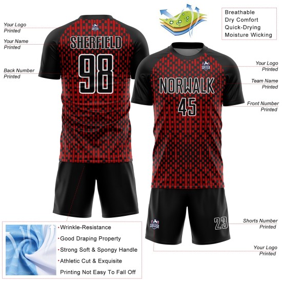 Black Custom Soccer Red-White Abstract Uniform Sublimation Jersey Geometric Shapes Black Custom Soccer Red-White Abstract Uniform Sublimation Jersey Geometric Shapes