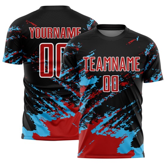 Uniform Art Sublimation Custom Black Red-Sky Splash Fragment Jersey Abstract Blue Soccer Uniform Art Sublimation Custom Black Red-Sky Splash Fragment Jersey Abstract Blue Soccer