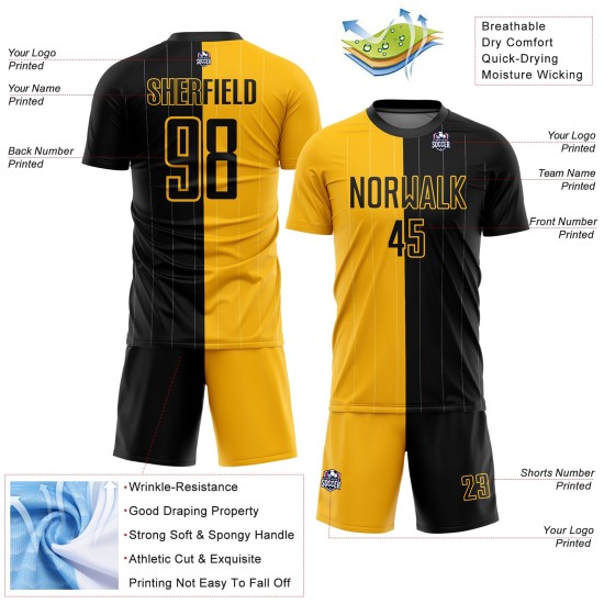 Fashion Split Sublimation Custom Jersey Black Pinstripe Uniform Soccer Gold Fashion Split Sublimation Custom Jersey Black Pinstripe Uniform Soccer Gold
