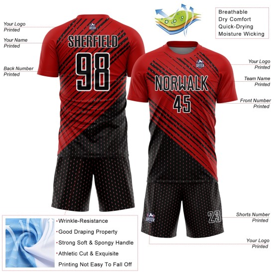 Jersey Sublimation Soccer Custom Red Diagonal Lines Uniform Black-White Jersey Sublimation Soccer Custom Red Diagonal Lines Uniform Black-White
