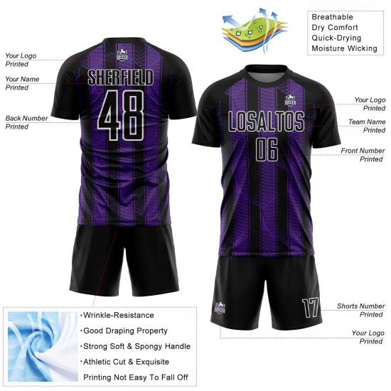 Soccer Black Jersey Uniform Purple-White Custom Abstract Network Sublimation Soccer Black Jersey Uniform Purple-White Custom Abstract Network Sublimation