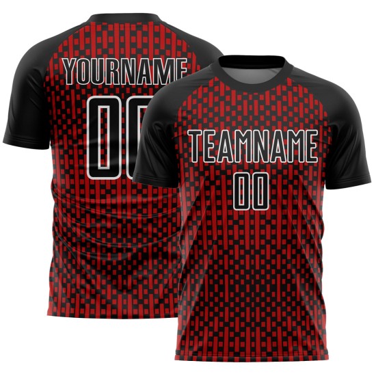 Black Custom Soccer Red-White Abstract Uniform Sublimation Jersey Geometric Shapes Black Custom Soccer Red-White Abstract Uniform Sublimation Jersey Geometric Shapes
