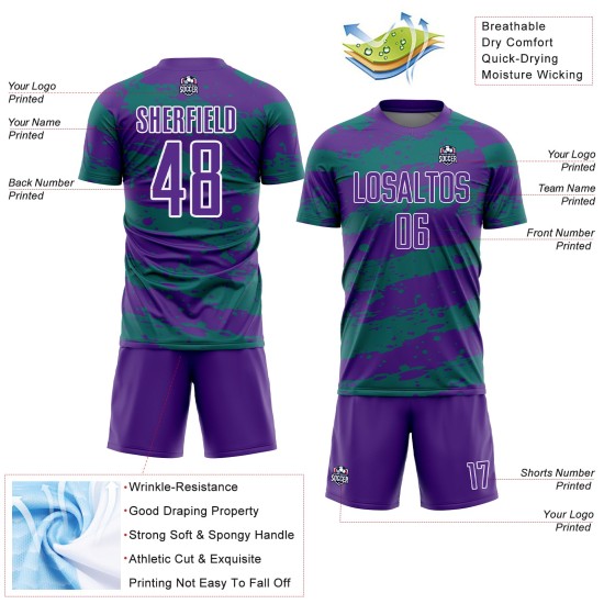 Uniform Soccer Jersey Splash Teal-White Custom Purple Sublimation Uniform Soccer Jersey Splash Teal-White Custom Purple Sublimation