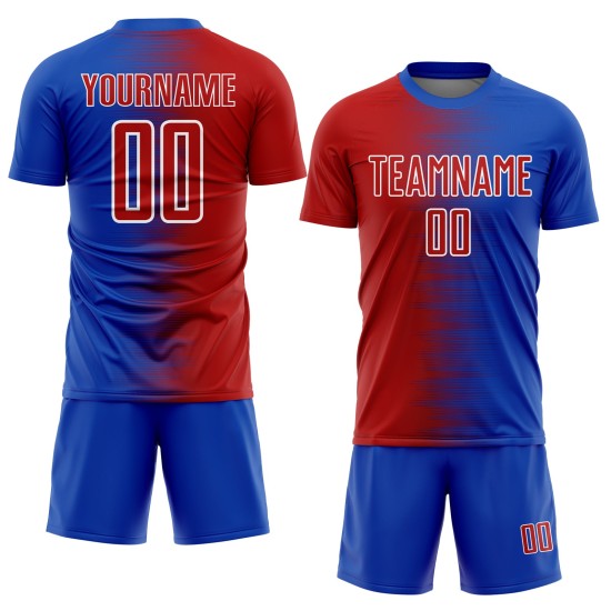 Line Custom Soccer Uniform Jersey Red-White Gradient Blue Thunder Sublimation Line Custom Soccer Uniform Jersey Red-White Gradient Blue Thunder Sublimation
