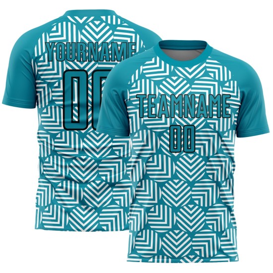 Custom Sublimation Teal Geometric Abstract Shapes Black Jersey Uniform Soccer Custom Sublimation Teal Geometric Abstract Shapes Black Jersey Uniform Soccer
