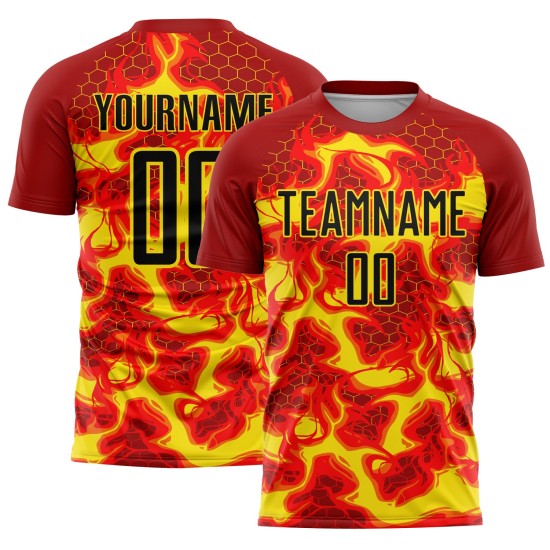 Custom Soccer Flame Jersey Black-Light Yellow Red Sublimation Uniform Custom Soccer Flame Jersey Black-Light Yellow Red Sublimation Uniform