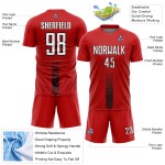Custom Soccer Jersey Shapes Arrow Sublimation Red Uniform White-Black Custom Soccer Jersey Shapes Arrow Sublimation Red Uniform White-Black