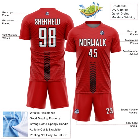 Custom Soccer Jersey Shapes Arrow Sublimation Red Uniform White-Black Custom Soccer Jersey Shapes Arrow Sublimation Red Uniform White-Black