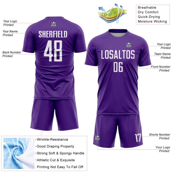 Soccer Sublimation Purple Custom Uniform Jersey White Soccer Sublimation Purple Custom Uniform Jersey White