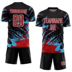 Uniform Art Sublimation Custom Black Red-Sky Splash Fragment Jersey Abstract Blue Soccer