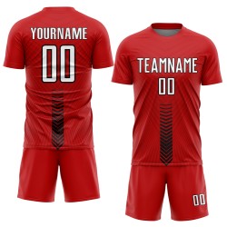 Custom Soccer Jersey Shapes Arrow Sublimation Red Uniform White-Black Custom Soccer Jersey Shapes Arrow Sublimation Red Uniform White-Black