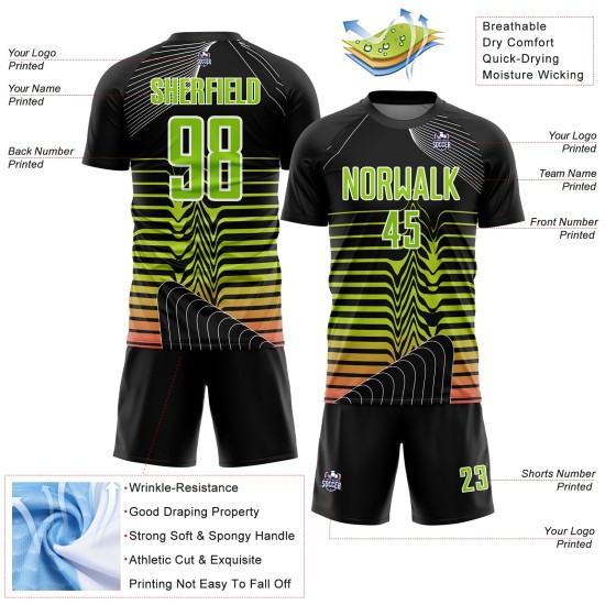 Green-White Neon Soccer Lines Sublimation Custom Black Uniform Jersey Green-White Neon Soccer Lines Sublimation Custom Black Uniform Jersey