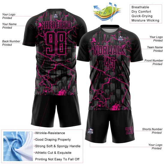 Uniform Sublimation Jersey Custom Deep Pink Lightning Soccer Black Uniform Sublimation Jersey Custom Deep Pink Lightning Soccer Black